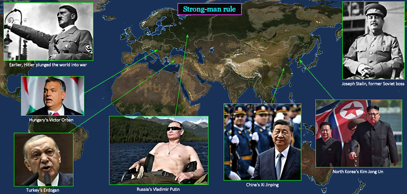 Strong-man Putin, Xi, Orban, 2020s map